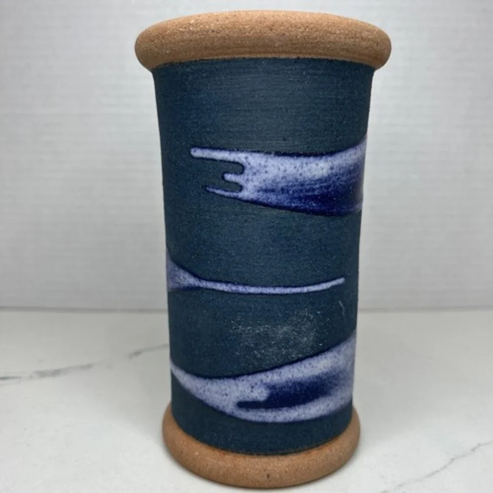 Dominican Republic Art Pottery Vase 6.2 x 3” Signed Blue and White Raised